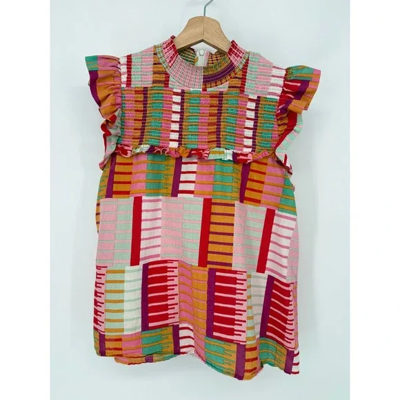 THML Smocked Ruffle Top Womens Medium Multicolor Geometric Patchwork Sleeveless - Picture 2 of 9
